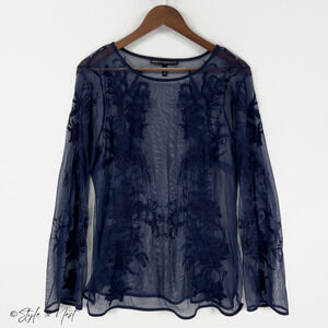 Women's Dark Blue Whimsigoth Floral Sheer Overlay Ethereal Top Fairycore Large